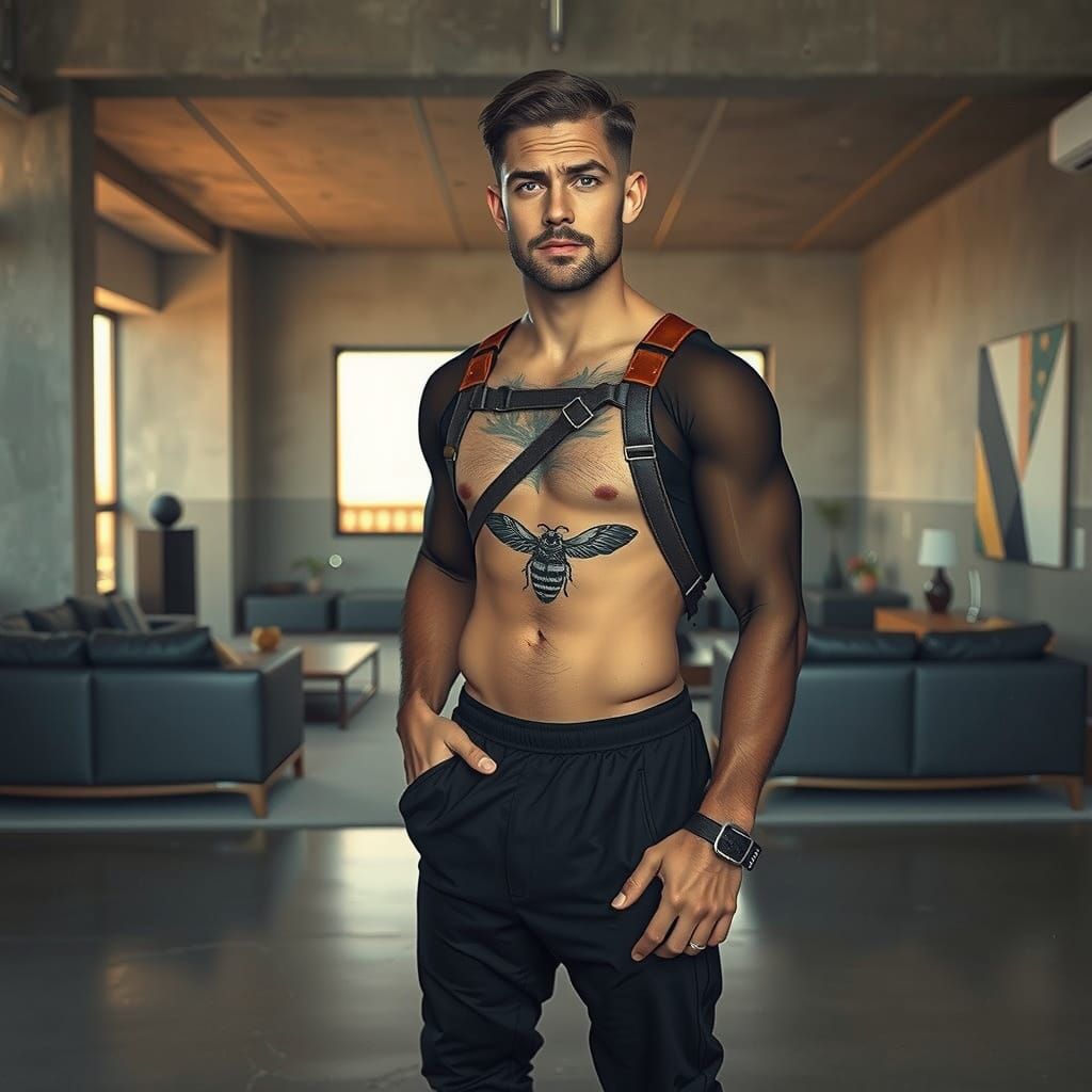 Handsome Man in Brutalist Apartment, Photorealistic Image