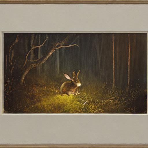Mystical Rabbit in Dark Forest: Surrealist Art