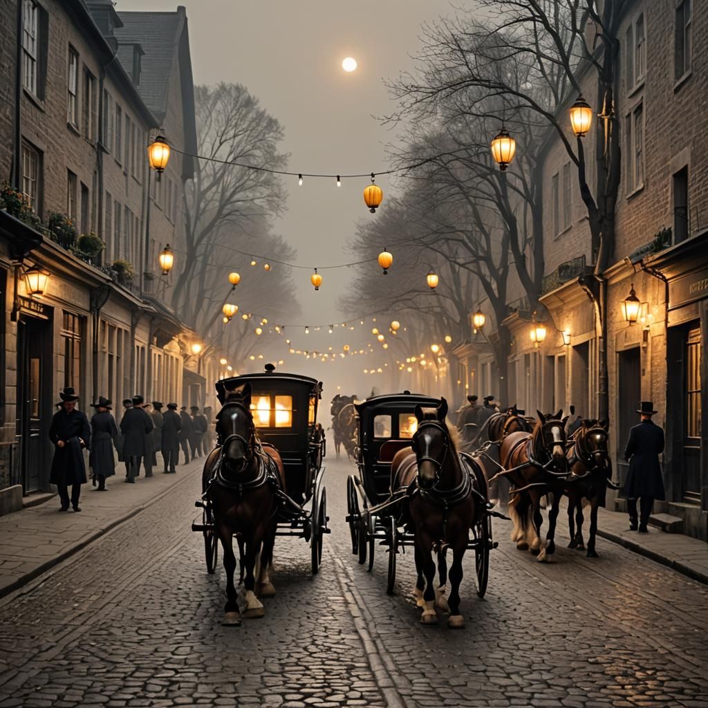 Horse-Drawn Carriage on Cobblestone Road, 1800s