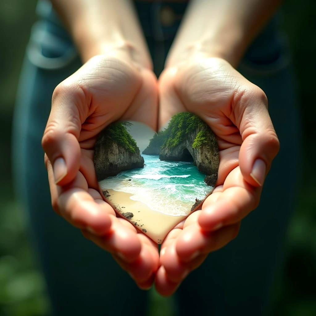 Intricately Detailed Hands Cradle Secluded Beach Cove