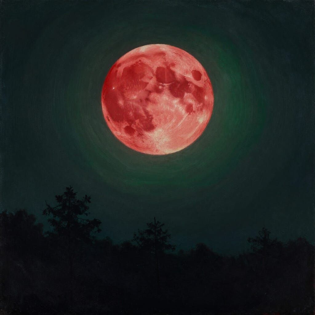 Vivid Red Moon Over Dark Forest in Oil Painting Style