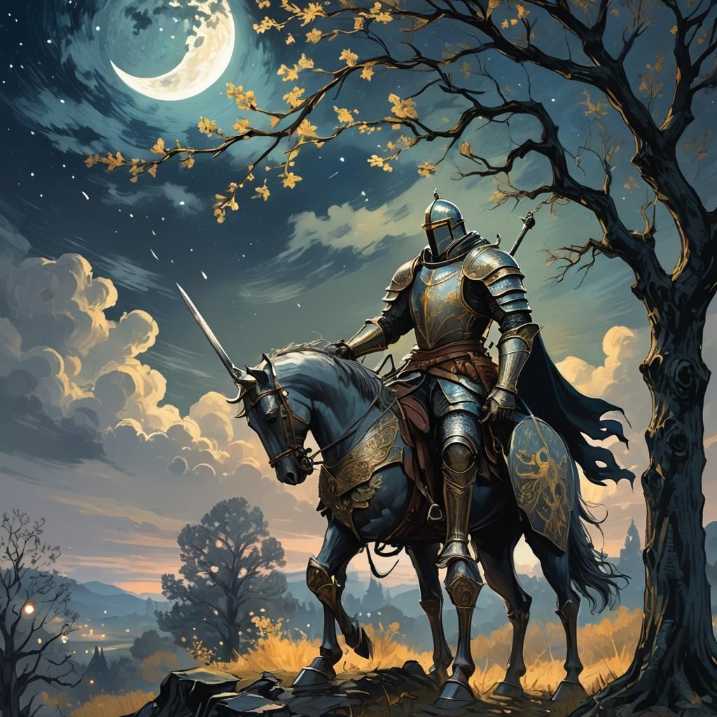 Mystical Knight Before Glowing Tree, Ethereal Fantasy Art