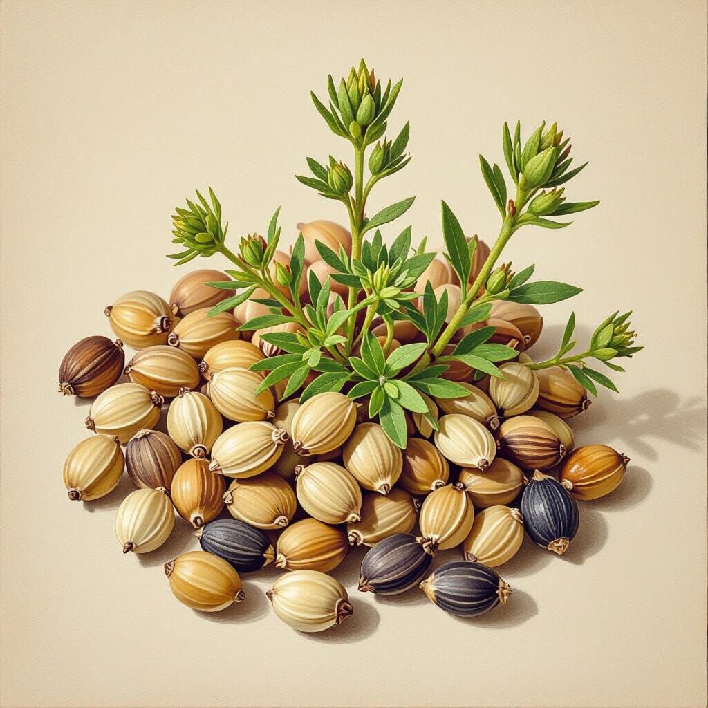 Botanical Oil Painting of Mugwort Seeds and Seedlings