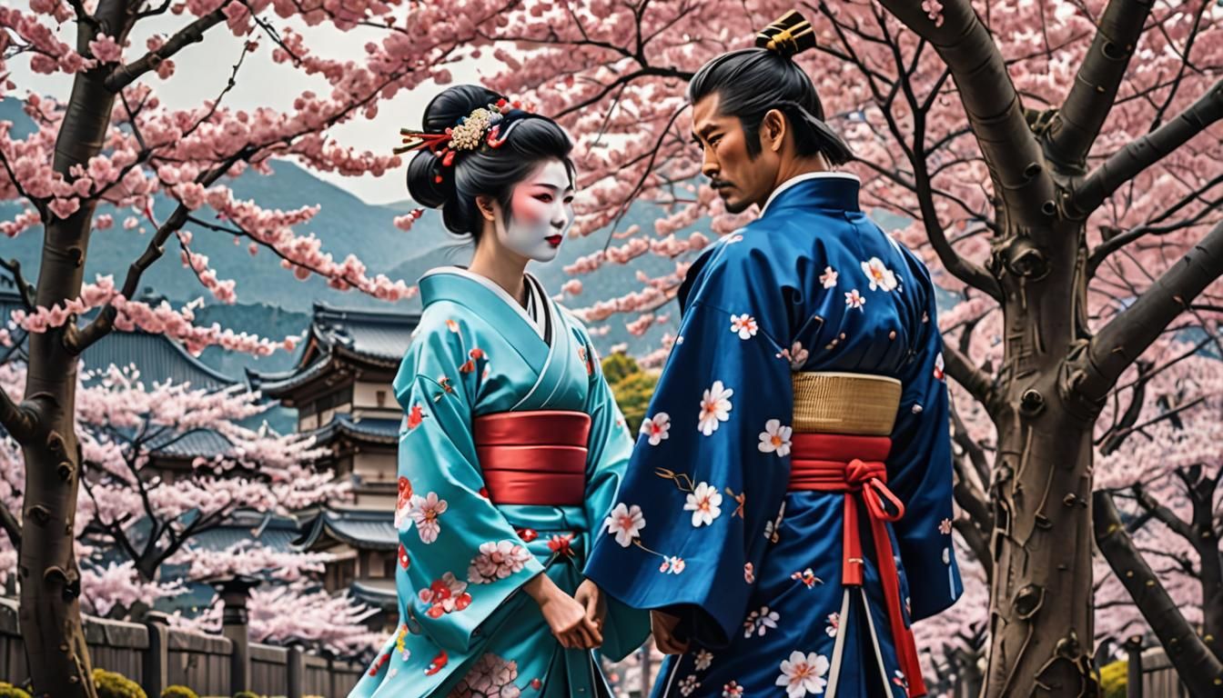 Samurai and Geisha in Cherry Blossom, Ukiyo-e Style