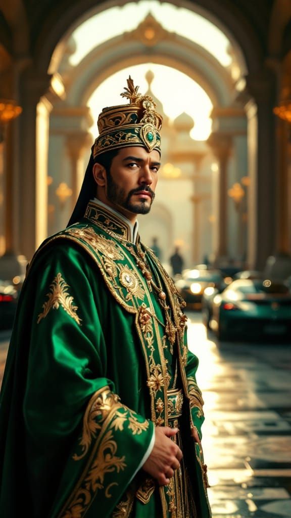 Sultan in Emerald & Gold Robes Before Jeweled Palace