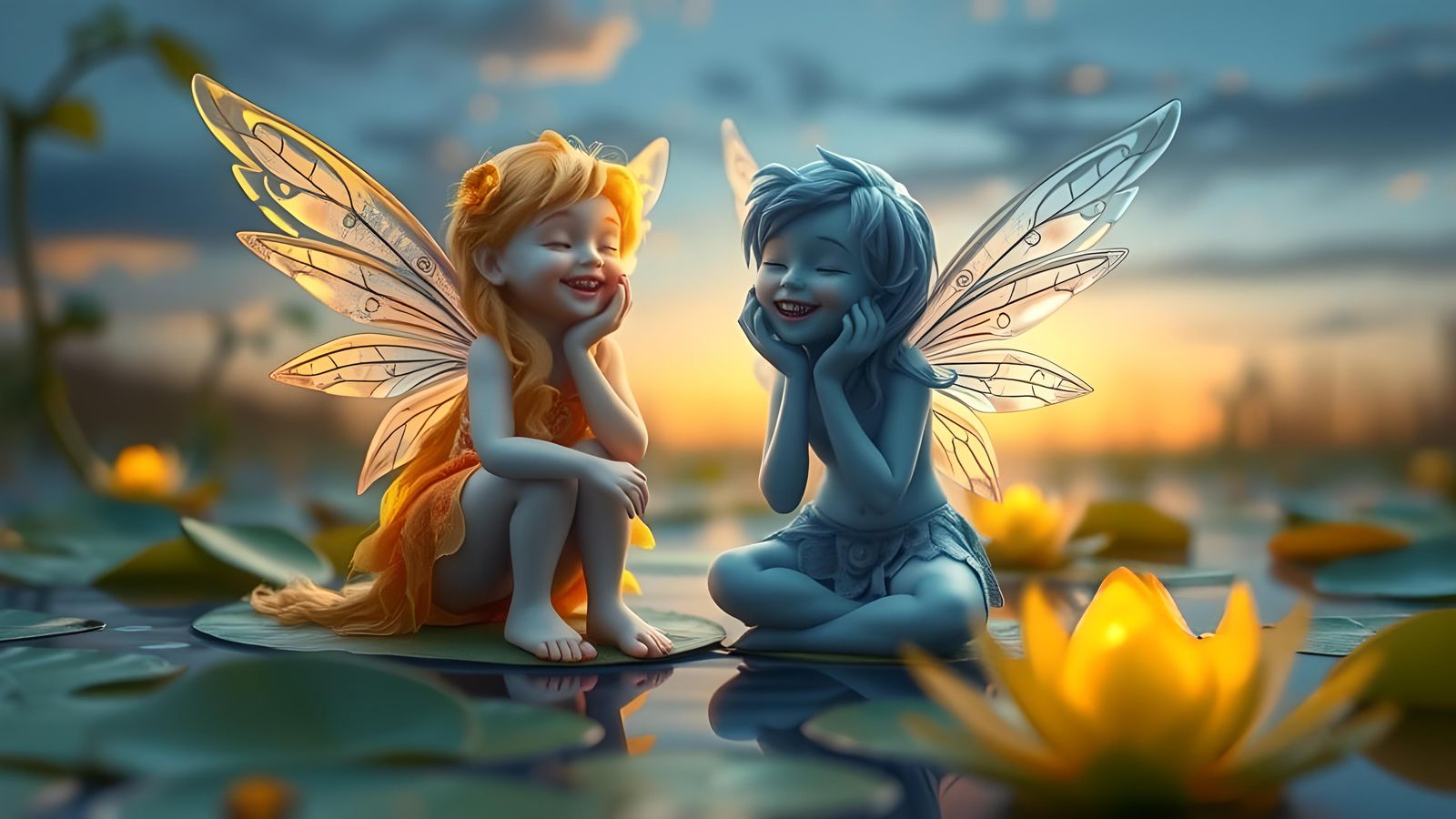 Fairies Laughing on Lily Pads at Dusk