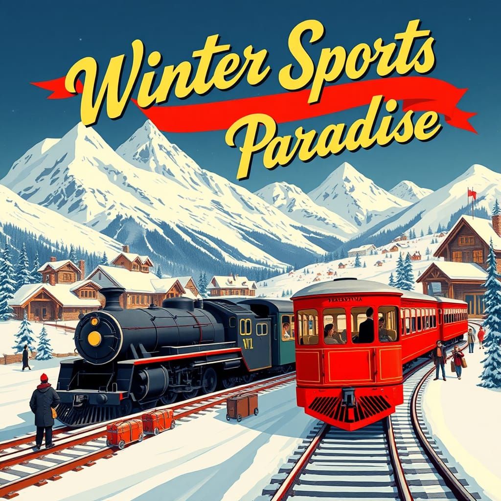 Vintage Winter Sports Holiday Train Poster, Art Deco Style