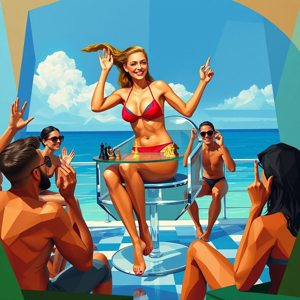 Chess Game in Geometric Cubist Art Deco Style