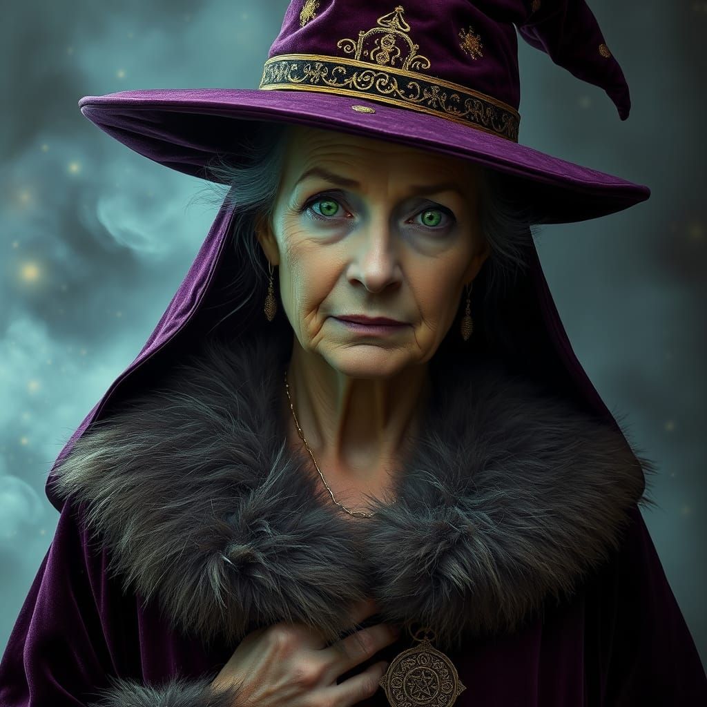 Serene Witch Woman in Velvet Robe with Ethereal Glow