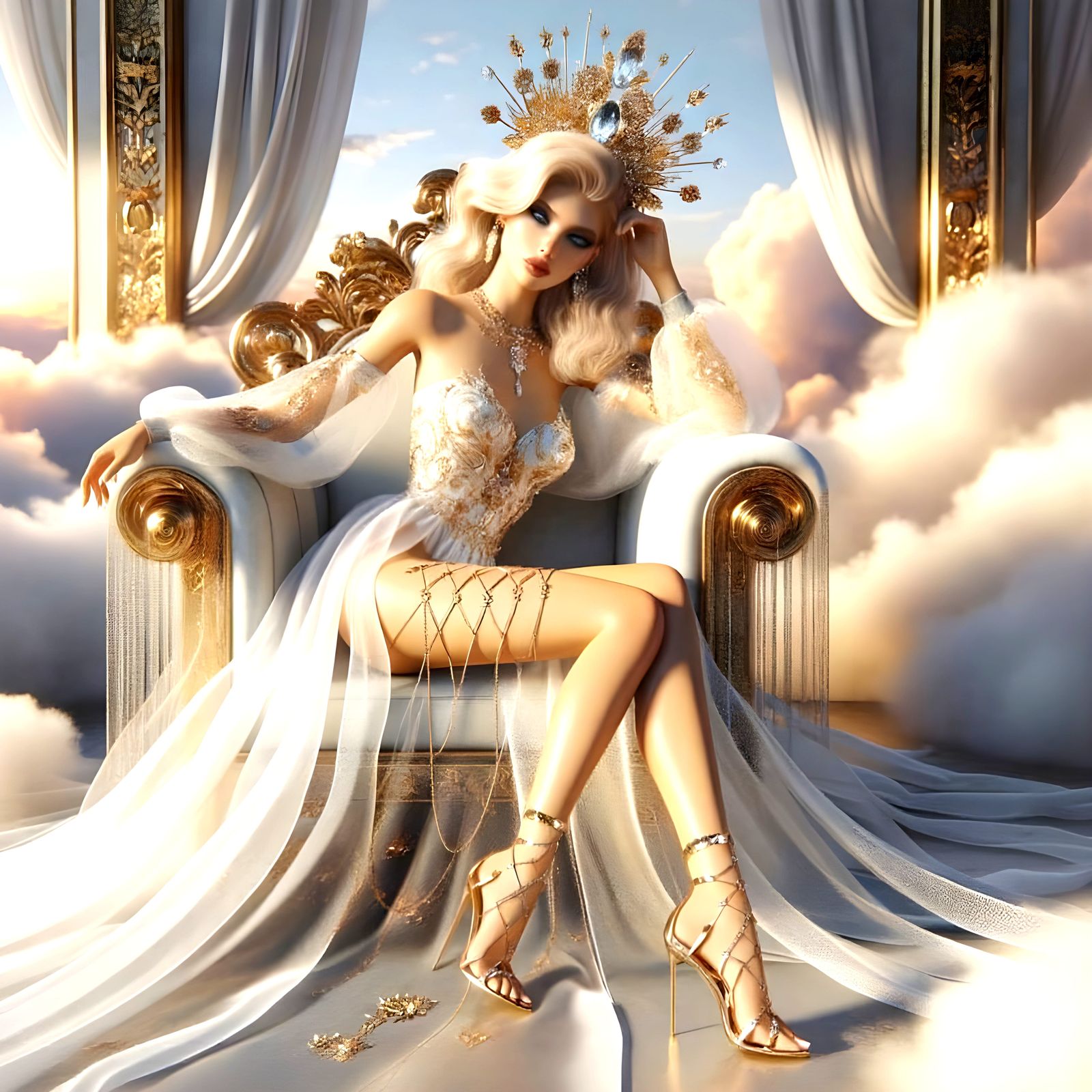 Goddess Reclining on Cloud Throne in Sunrise