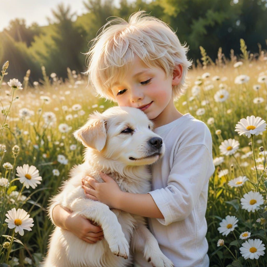 Whimsical Watercolor Masterpiece of Boy and Dog in Sunny Mea...