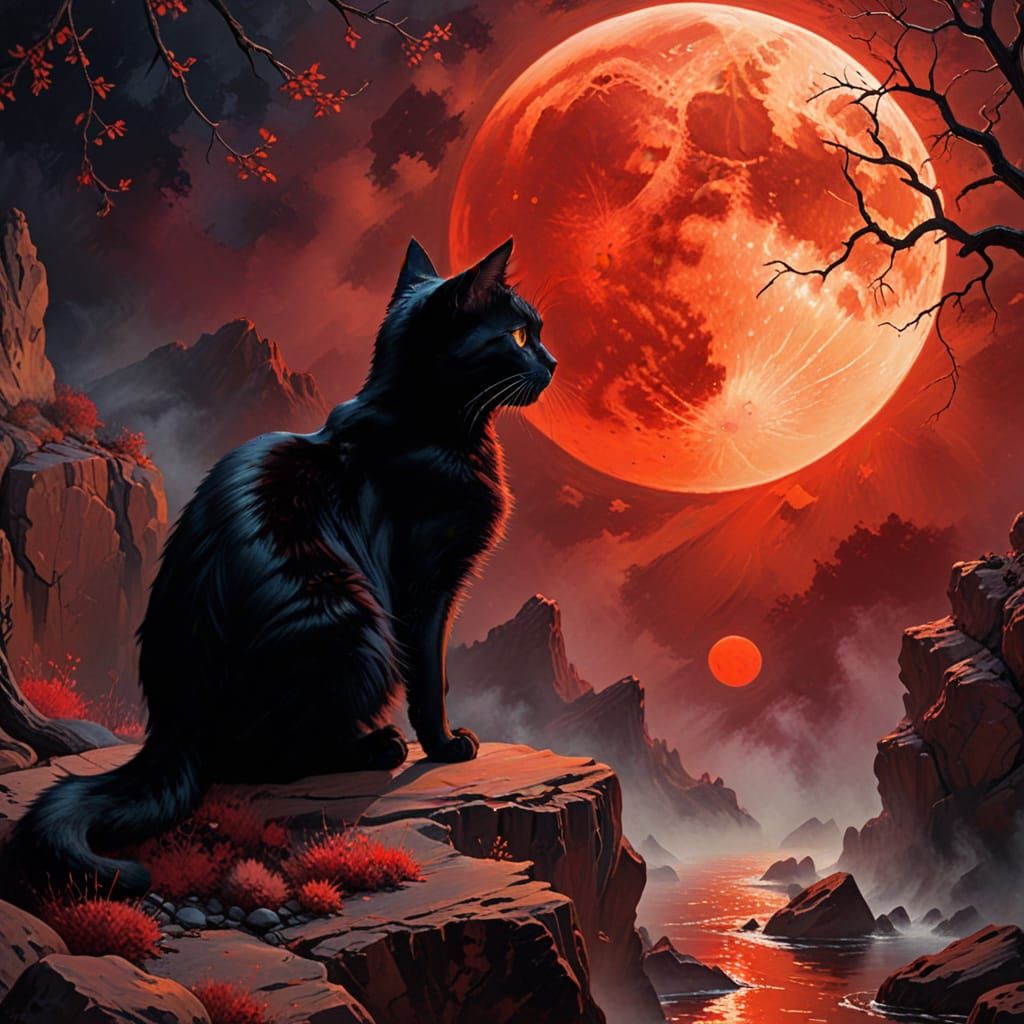 Black Cat Silhouette Under Red Moon, Dark Fantasy Art