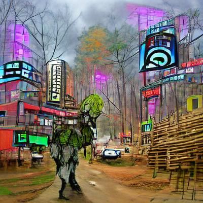 Cyberpunk Forest Village in Cubist Style
