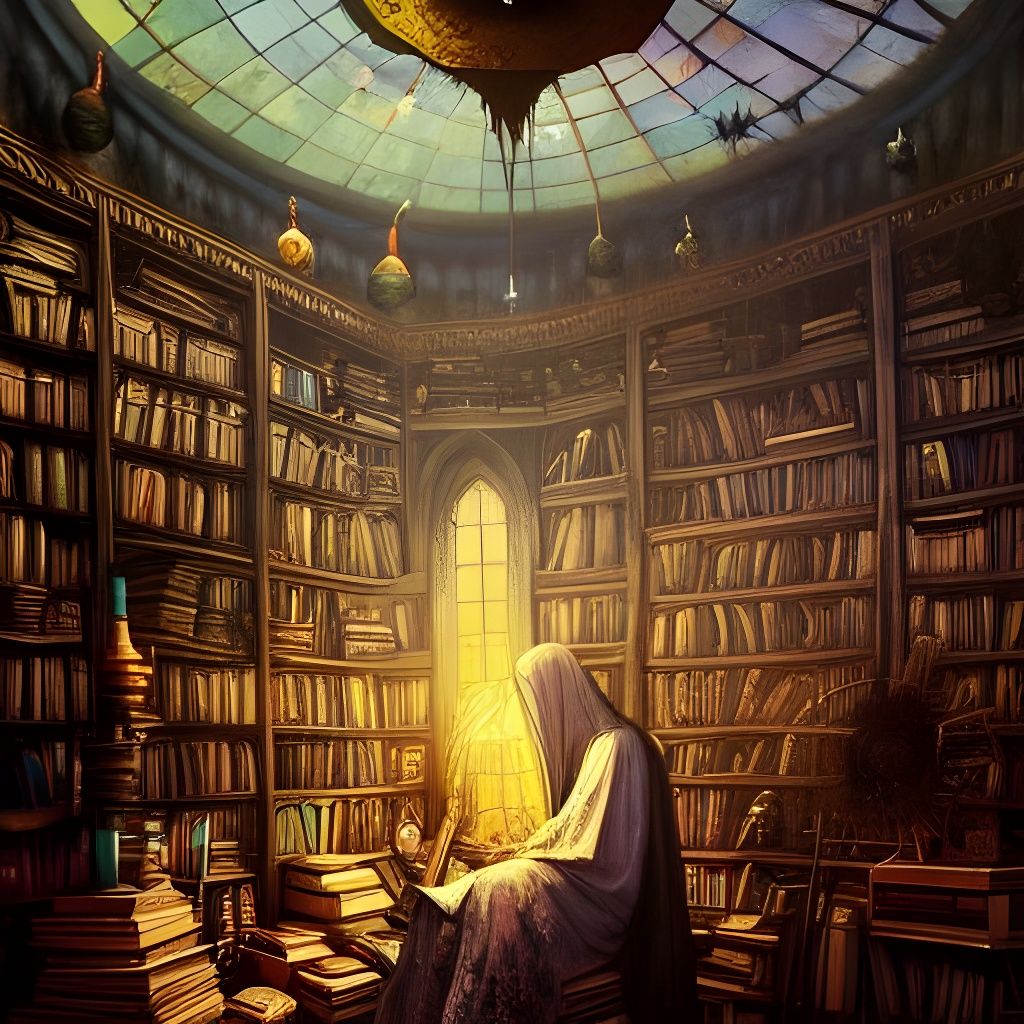 Wizard in Magic Library: Detailed Oil Painting