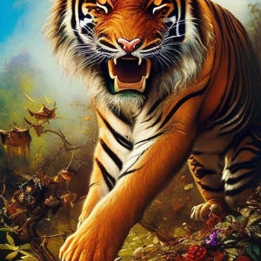 Ferocious Tiger in Jungle: Dark Fantasy Masterpiece
