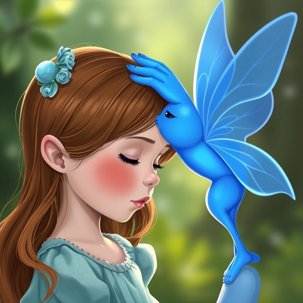 Whimsical Pixie Kissing a Sleeping Child in Ethereal Colors
