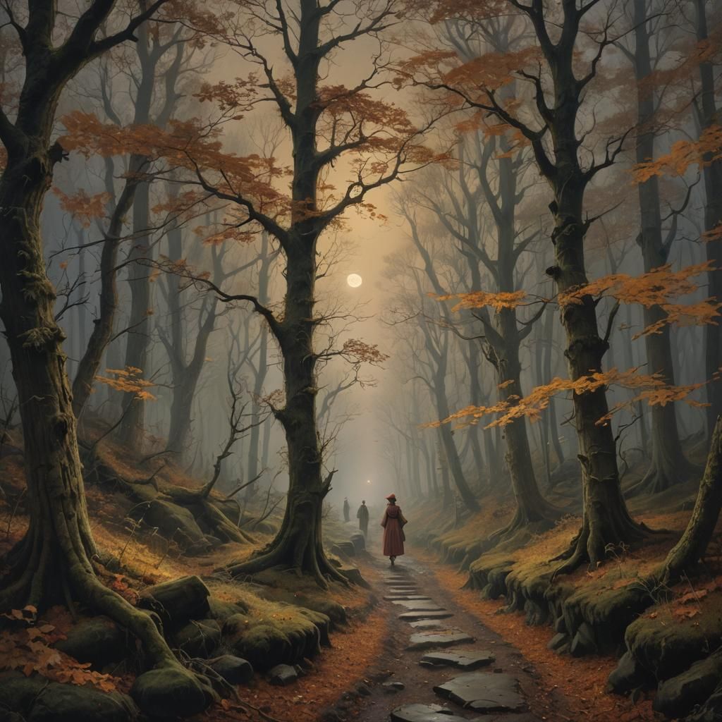 Autumn Forest Path in Moonlight