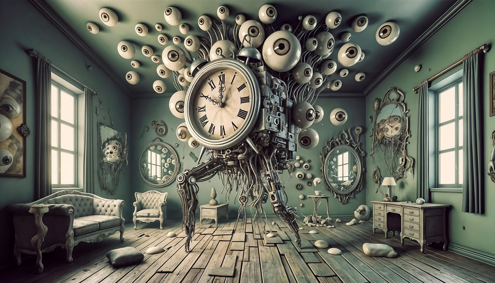 Distorted Humanoid Clock in a Dreamlike Room