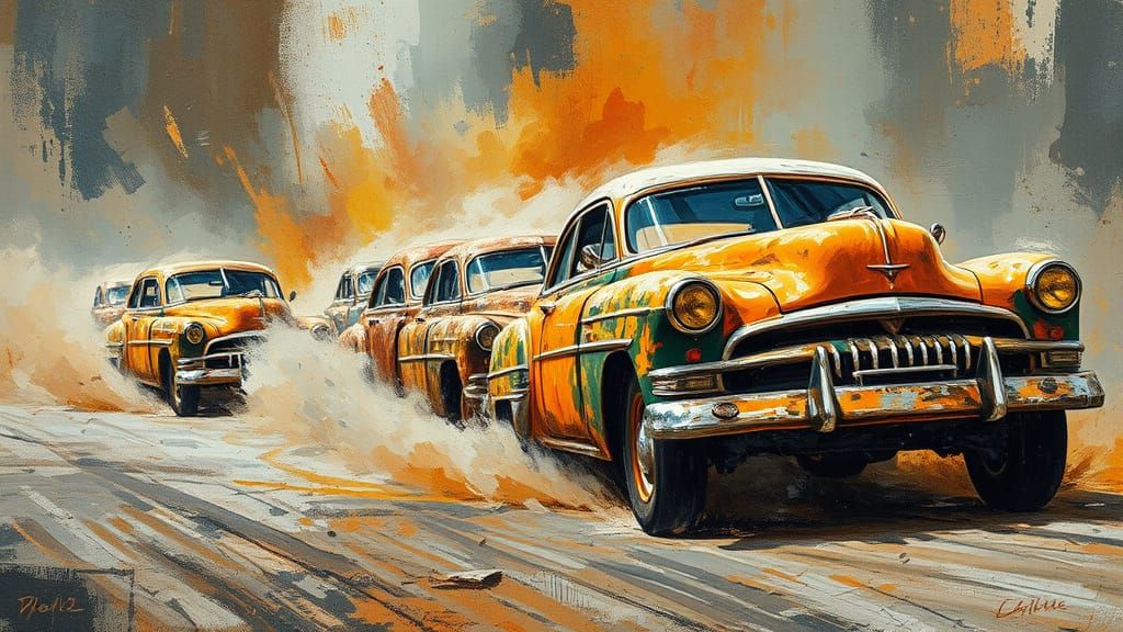 Old Cars Boogie Race, Palette Knife Oil Painting