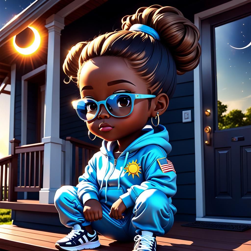 Chibi Woman Watches Solar Eclipse: 3D Anime Art