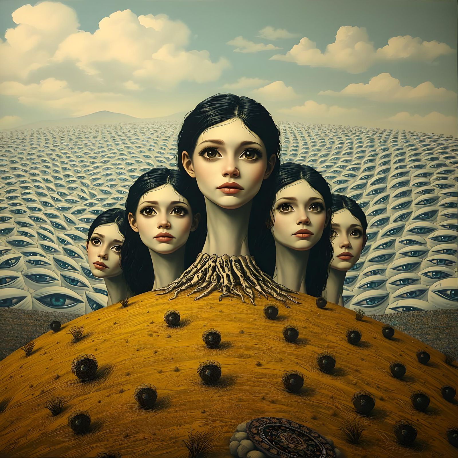 Pop Surrealist Girls on a Hill With Detailed Eyes
