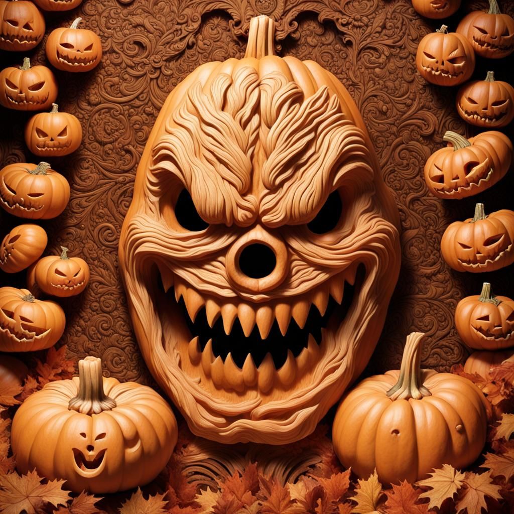 Embossed Monster Faces Carved into Pumpkins