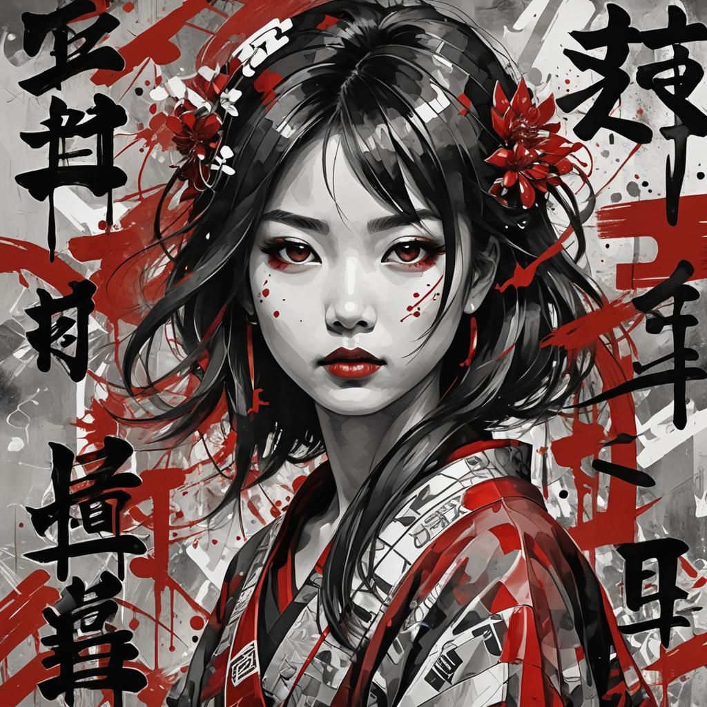 Abstract Portrait of Asian Woman in Mixed Media Style