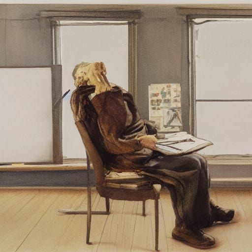 Melancholic Office Scene in Watercolor Style