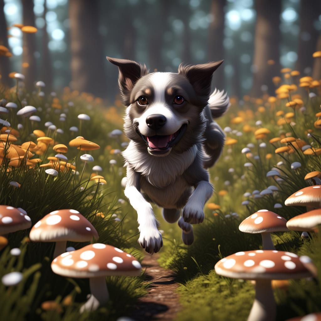 Dog Running in Spring Flowers: 3D Rendered Scene