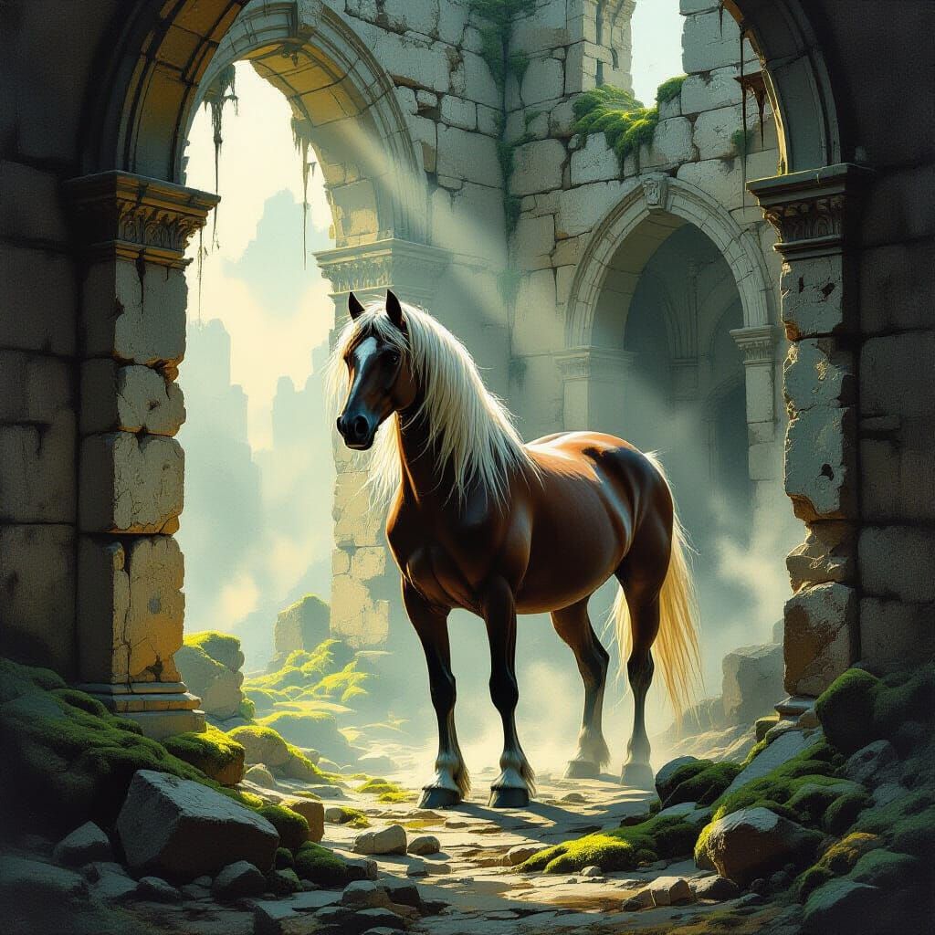 War Horse in Ancient Ruins, Dreamlike Fantasy Oil Painting