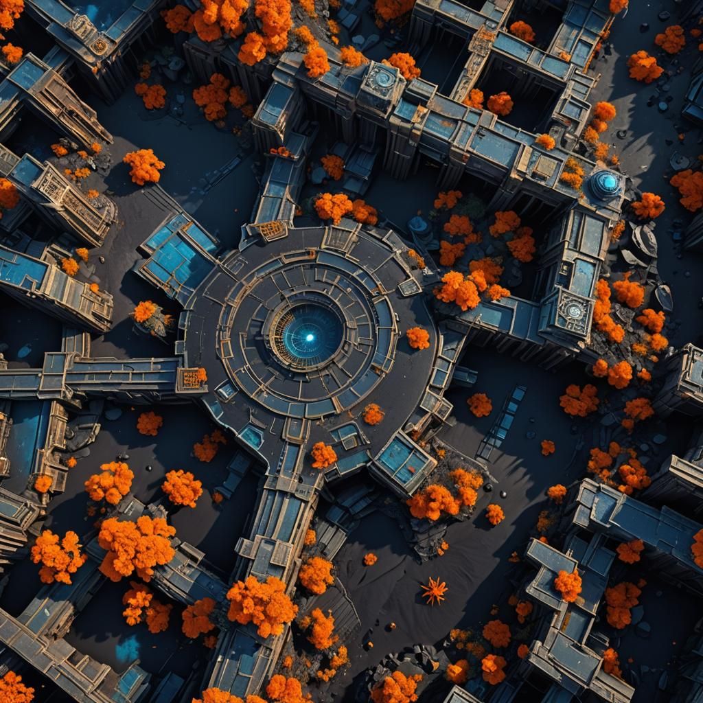 Top-Down View of Ancient City Ruins on Alien Planet