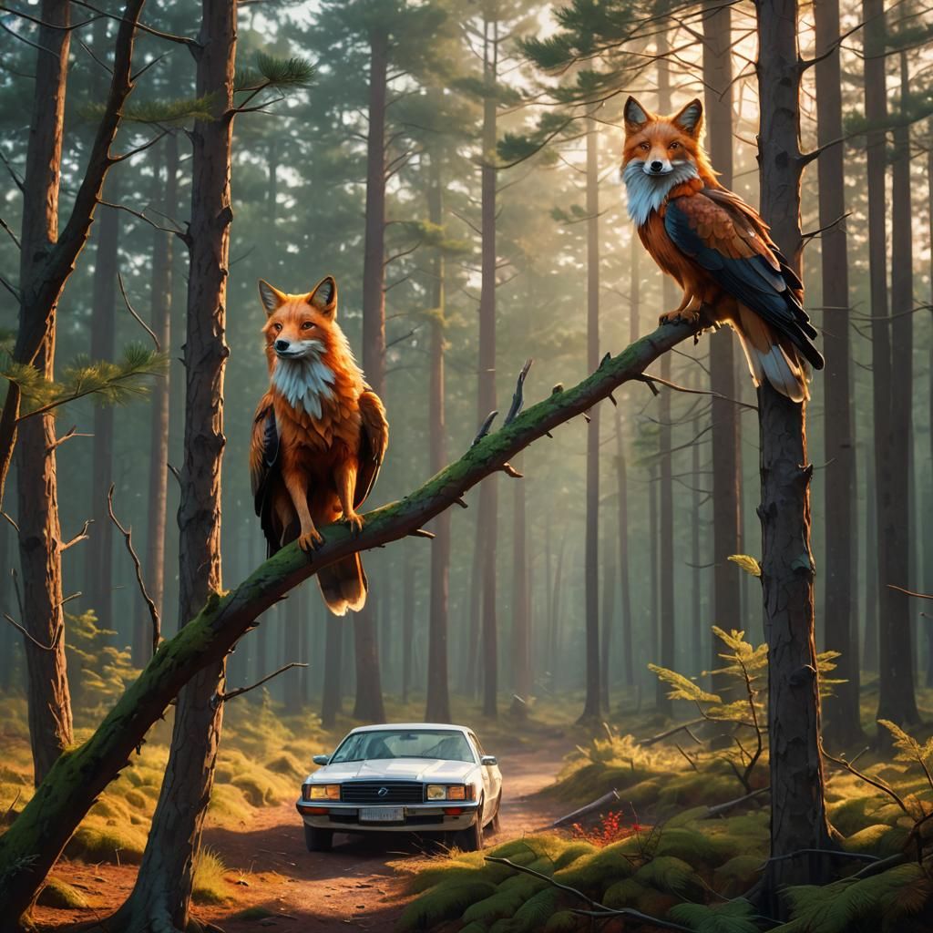 Red Kite Fox in Pine Forest: Fantasy Concept Art