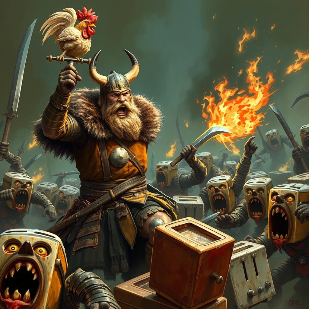 Viking Warrior Battles Toaster Horde in Industrial Dark Fant...