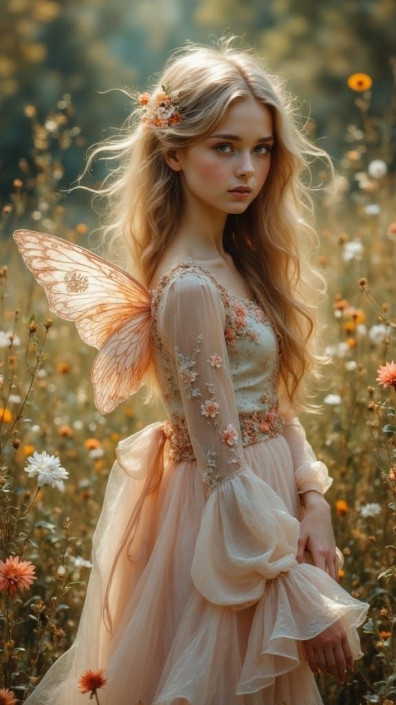 Ethereal Pre-Raphaelite Beauty with Fairy Wings and Floral B...