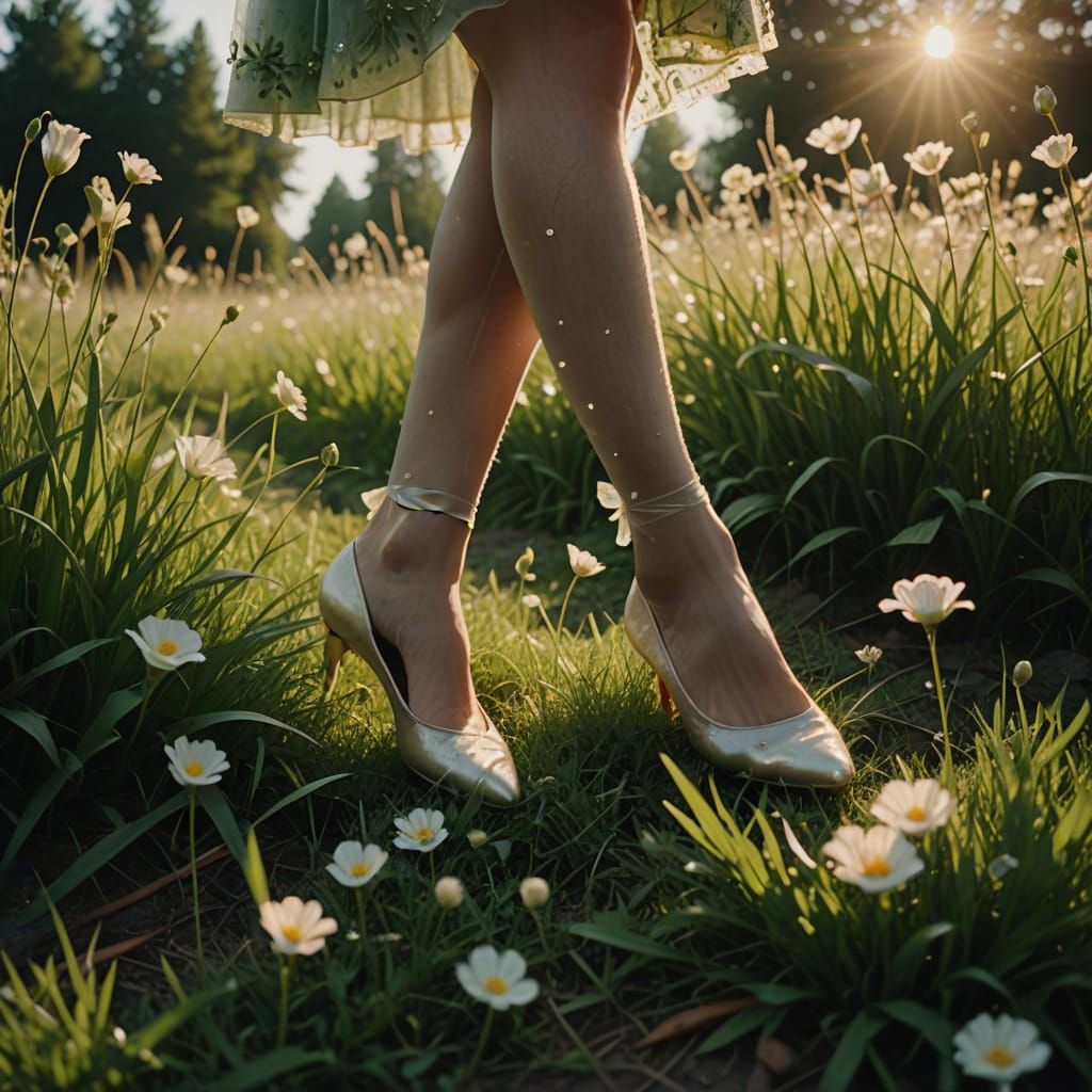 Ethereal Woman's Foot in Pantyhose on Blooming Grass