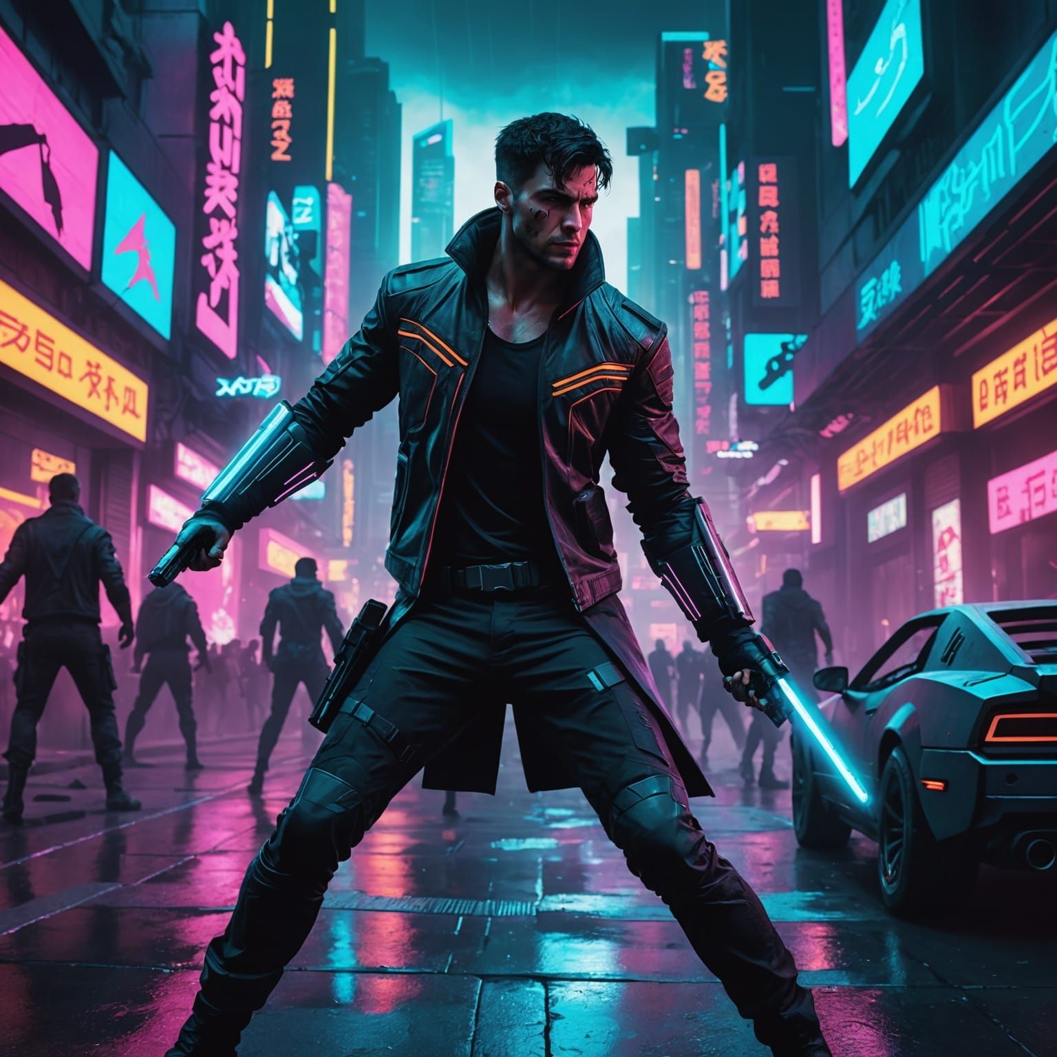 Cyborg Warrior in Neon Cyberpunk Cityscape