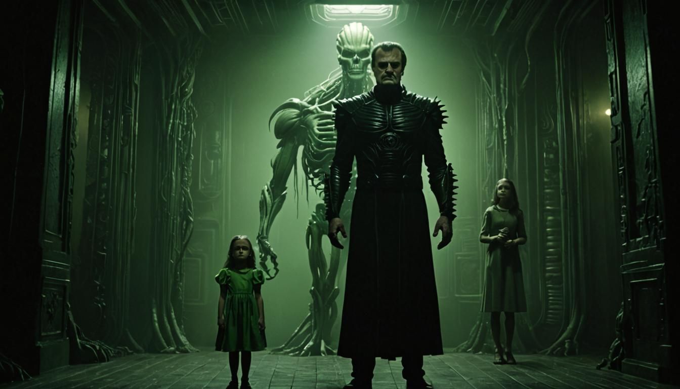 Ominous Man and Girl in Stormy, Gothic Setting