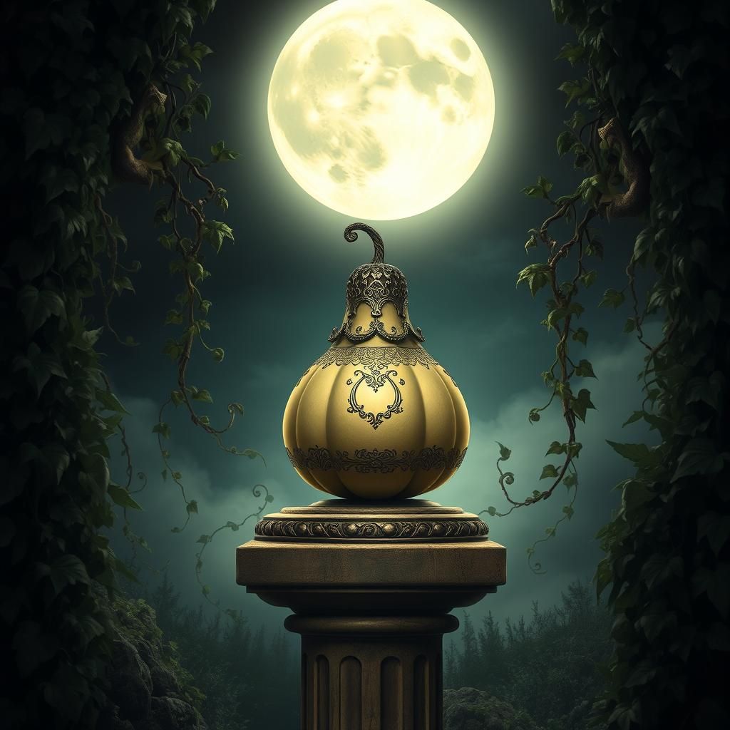 Ornate Gourd Under Moonlight in Dreamlike Setting