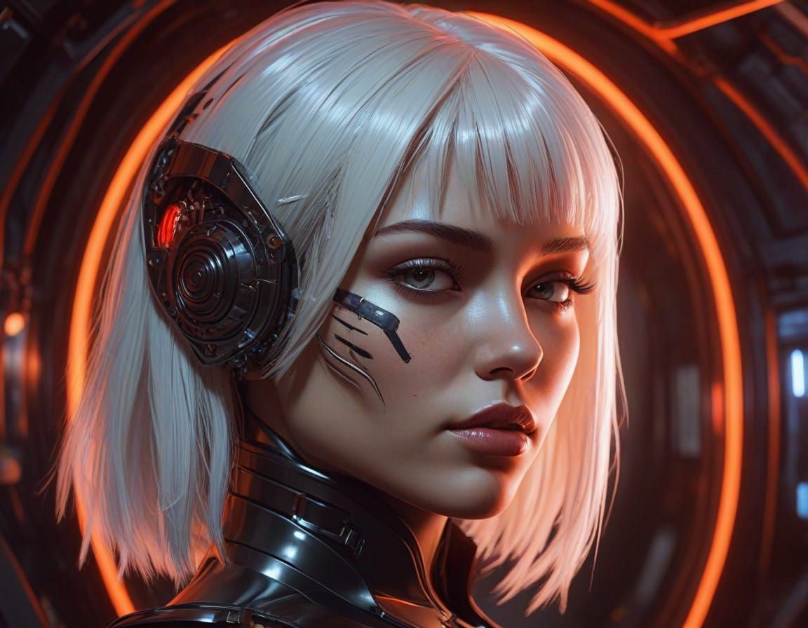 Cyberpunk Female Cyborg with Glowing White Hair