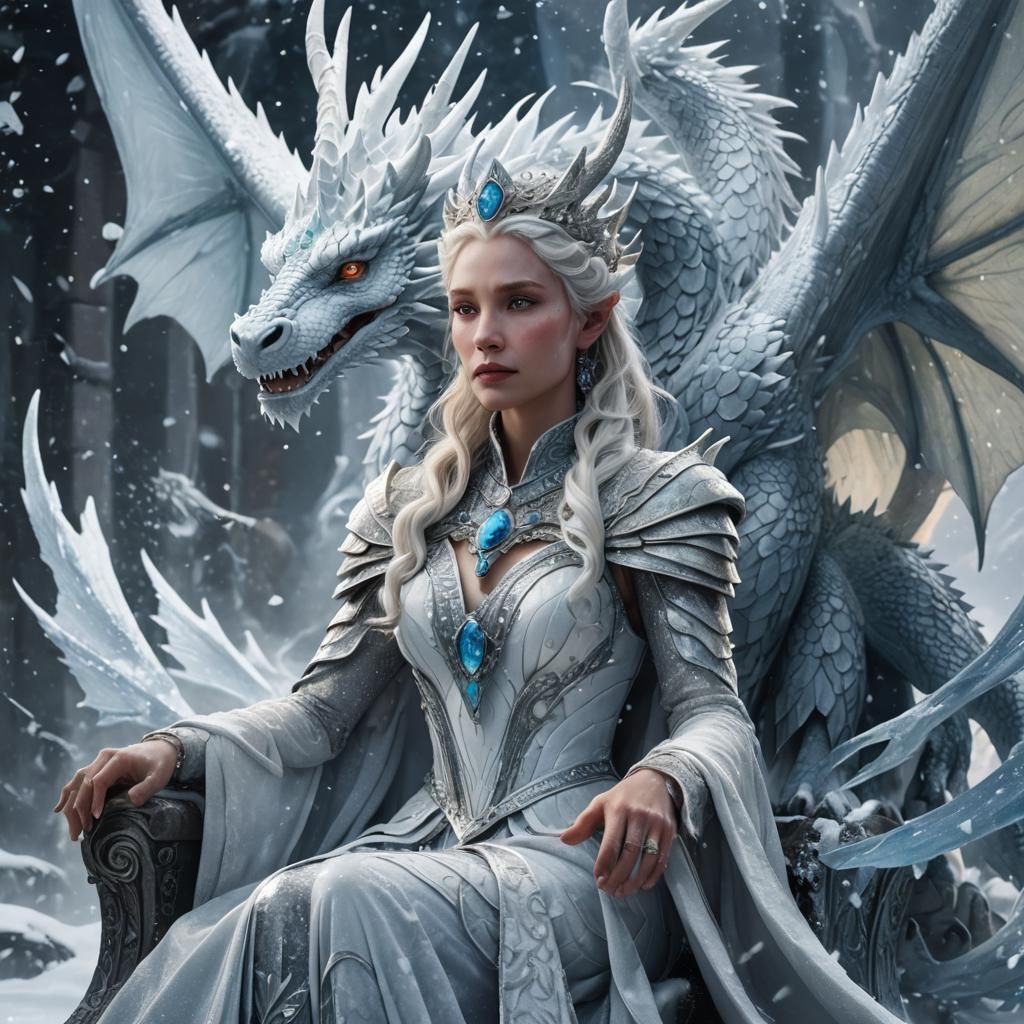 White Dragon Queen on Ice Throne: Fantasy Art