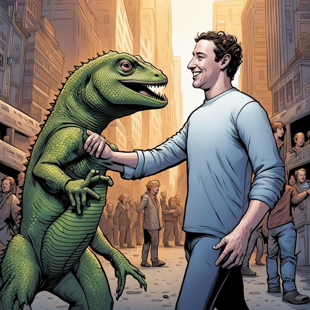 Comic Book Art: Lizard Man High-Fiving Mark Zuckerberg