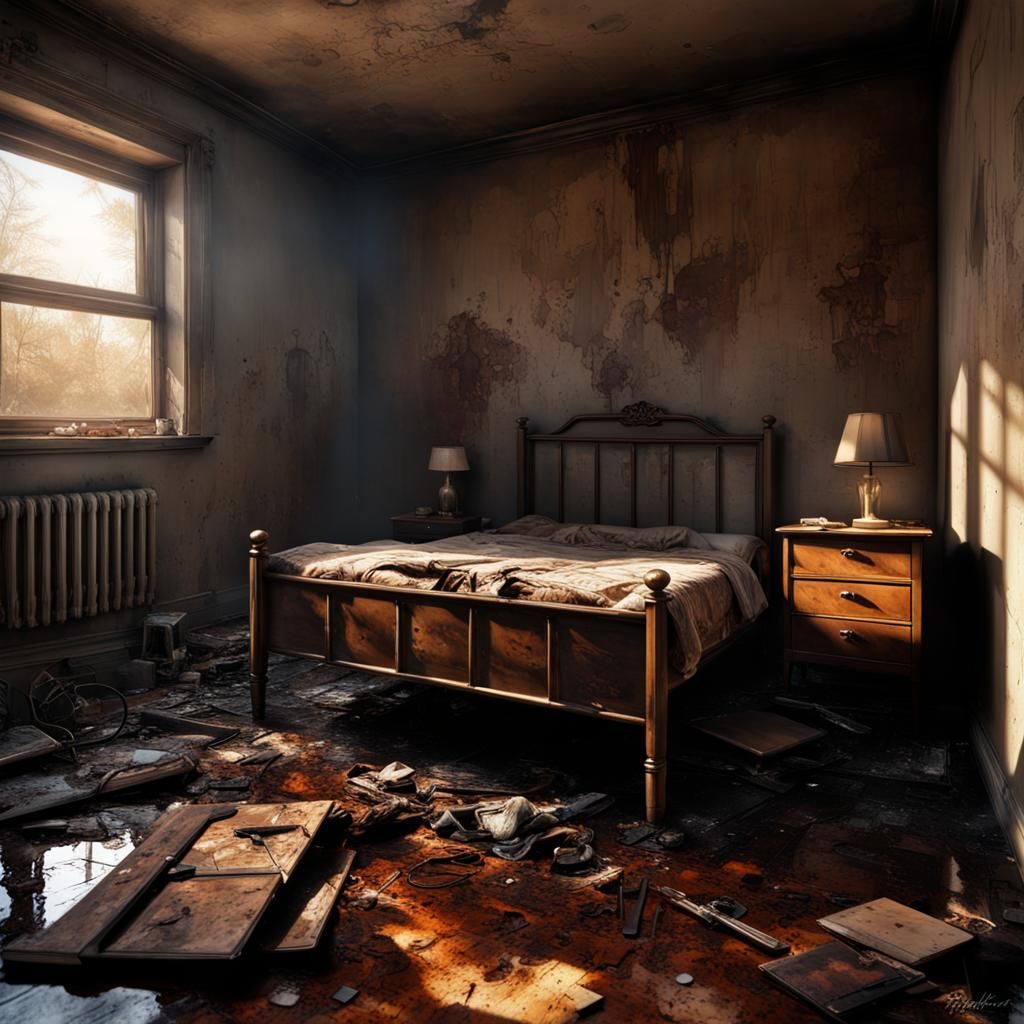 Abandoned Burnt Bedroom with Sunlight, Detailed Matte Painti...