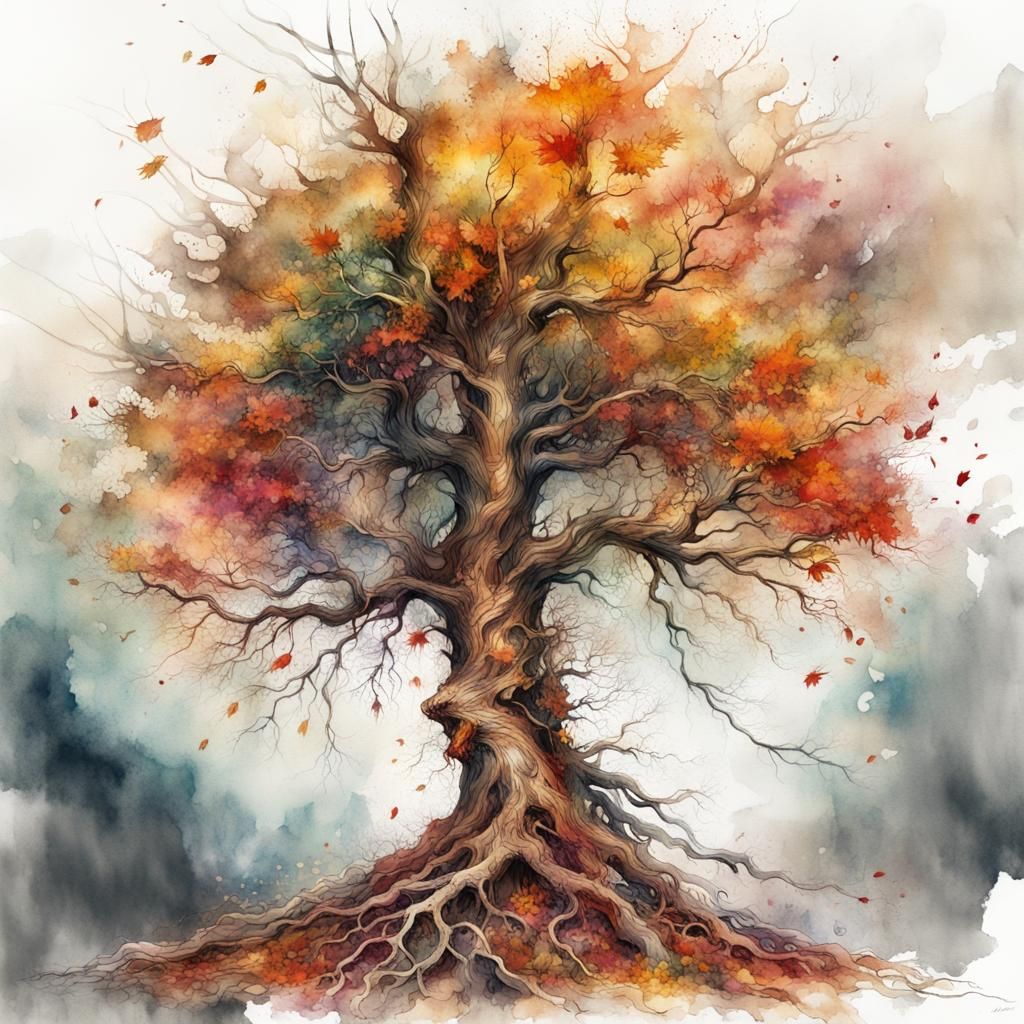 Autumnal Tree Disintegration: Stylized Watercolor Illustrati...