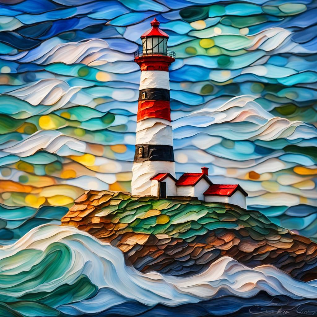 Lighthouse, impasto, colourful, stained glass, high waves. P...