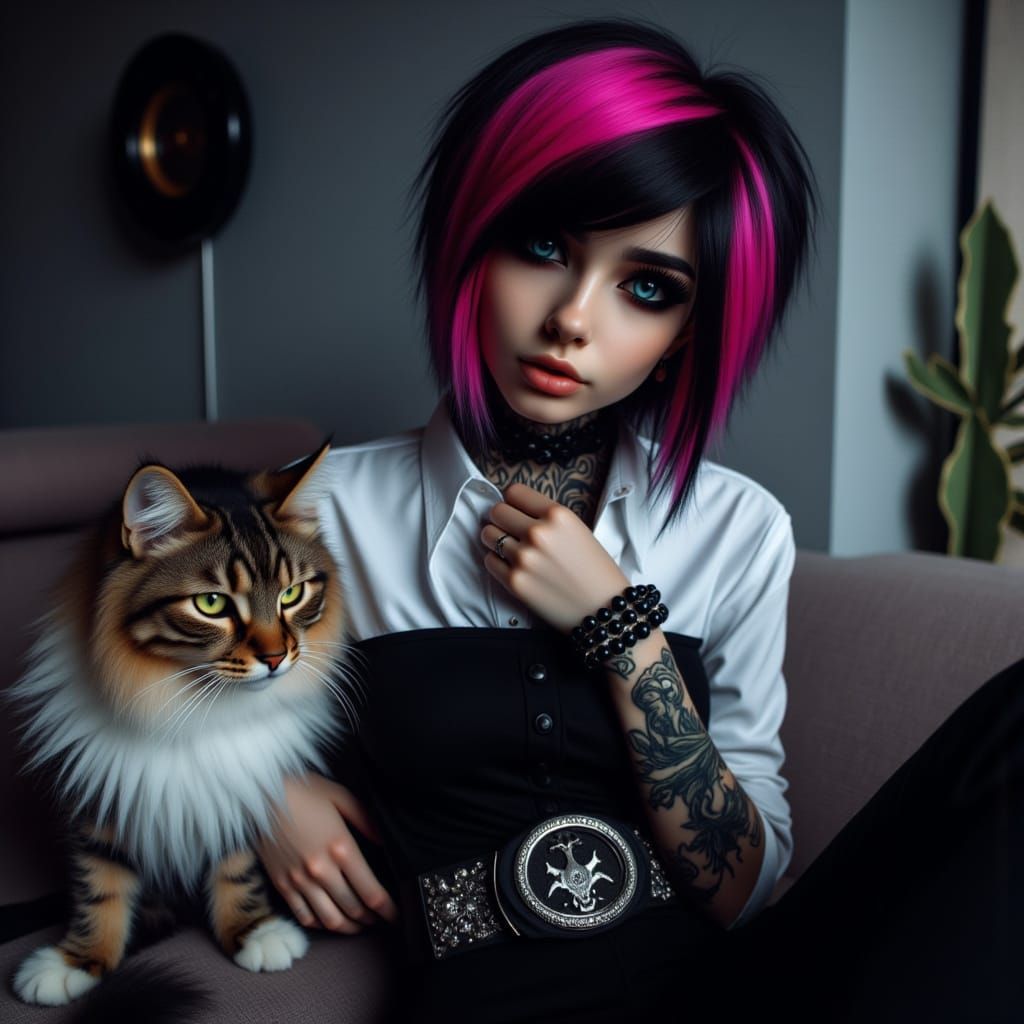 Woman With Pink Hair Holds Tabby Cat