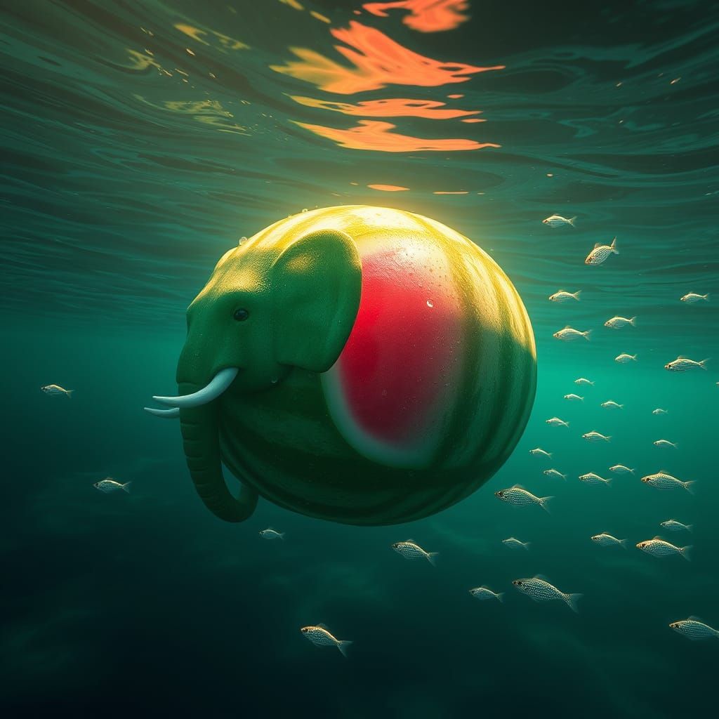Mystical Ocean Scene with Elephant Watermelon and Iridescent...