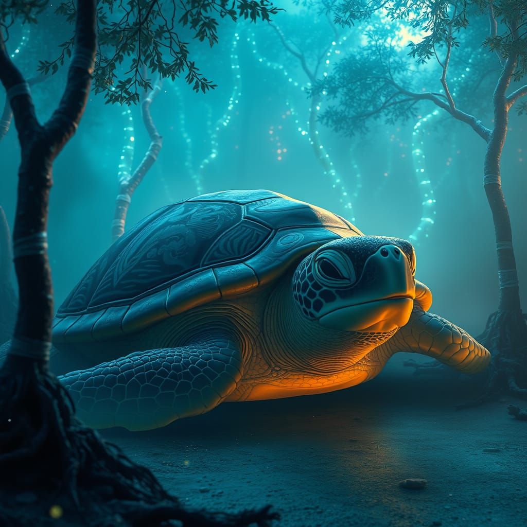 Enchanted Turtle in Bioluminescent Maldives Forest