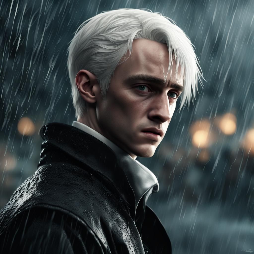 Crying Draco Malfoy in the Rain: Detailed Digital Art