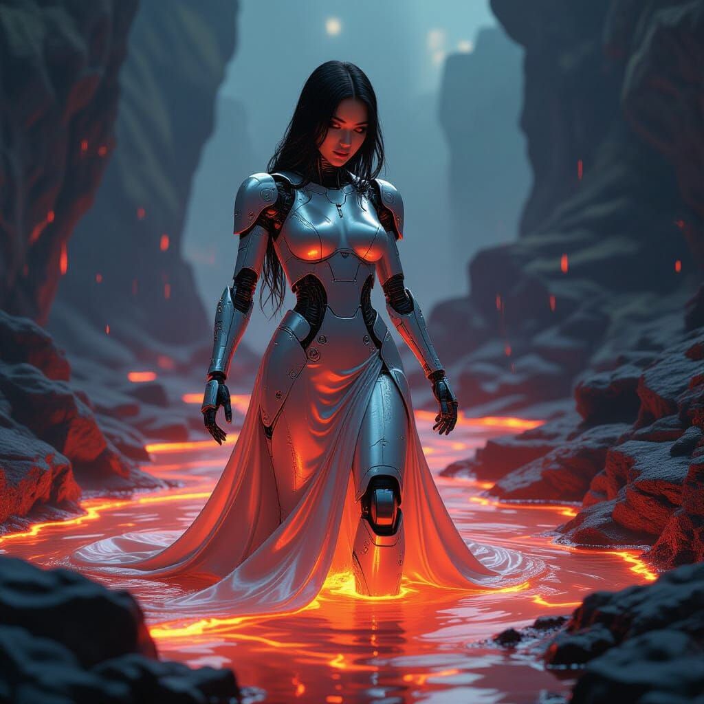 Robot Woman Melts in Lava: A Surreal Image