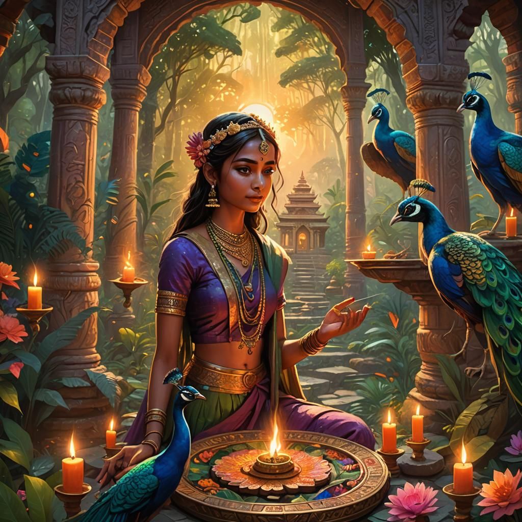 Ancient Temple Scene with Girl and Peacock